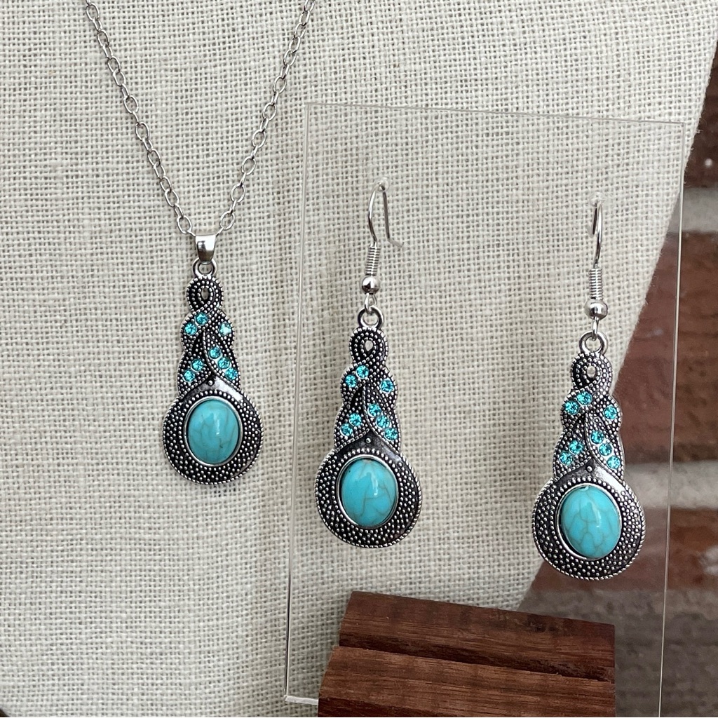 Faux Turquoise And Rhinestone Necklace And Earring Set